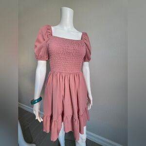 Pink Smocked Puff Sleeve Dress